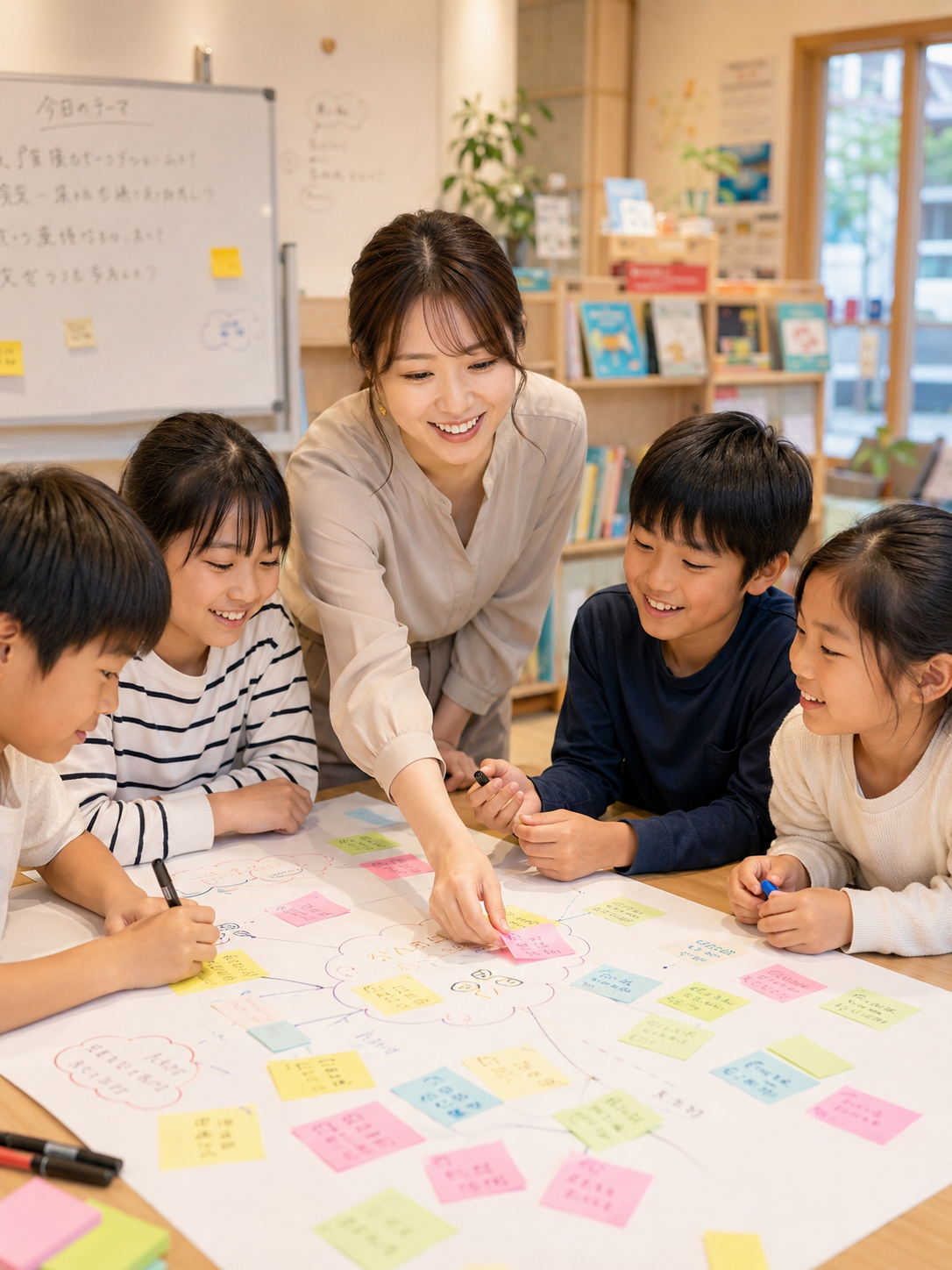 教室で生徒と先生が一緒に学ぶ様子